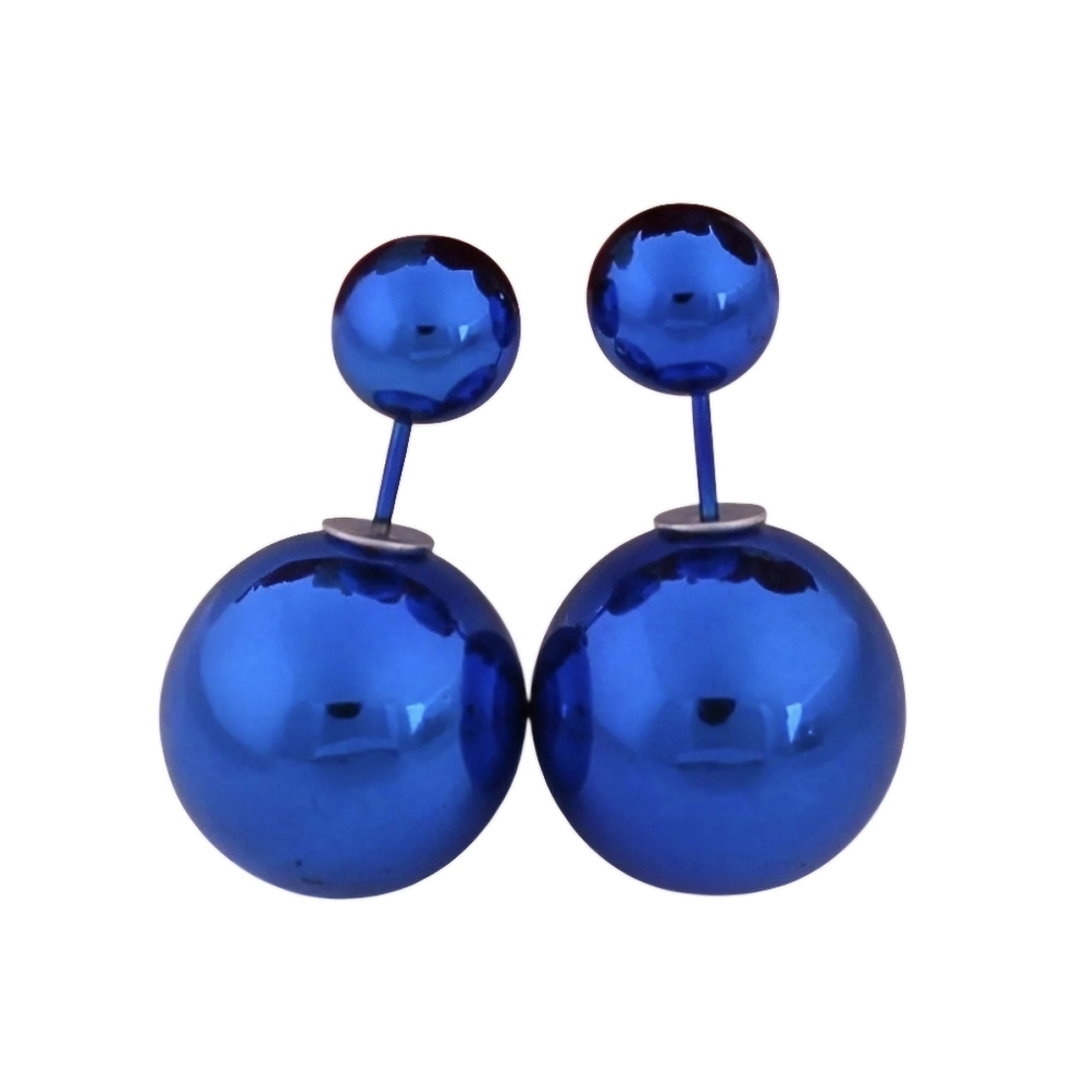 Large Oversized Double Ball Brilliant Dark Blue Shiny Shell Pearl Stud Earrings